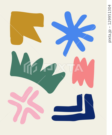 Hand drawn abstract various shapes and doodle objects. Cute and modern web background, fabric, postcard, packaging design. Modern trendy vector illustration. 129951304