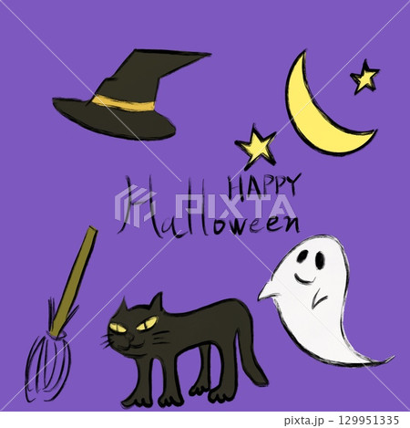 夜空とハロウィンの黒猫とおばけのかわいいイラスト 129951335