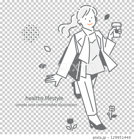 帶著健康笑容去上班的女人 — — 簡單而時尚的線條畫插圖 129951449