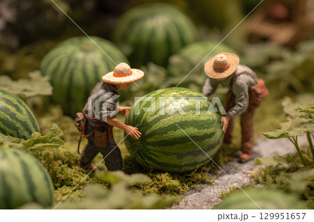 スイカ作りに従事する農作業員の男女（ジオラマ） 129951657