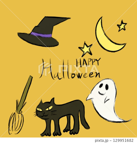 オレンジ背景のハロウィン 黒猫とおばけのかわいいイラスト オレンジ背景のハロウィン 黒猫とおばけのかわいいイラスト 129951682