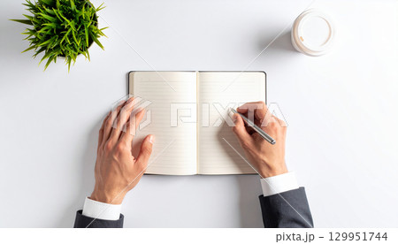 オフィスのデスクでノートに書き込むビジネスマン 129951744