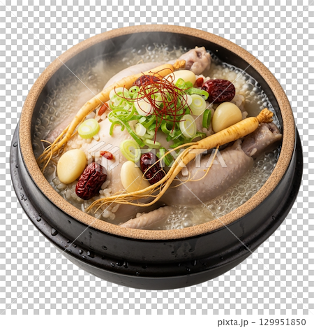 Traditional Korean Samgyetang Ginseng Chicken Soup with Jujube and Fresh Green Onion in Clay Pot 129951850
