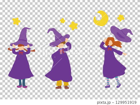 ハロウィンの仮装をする子供達と夜空 129951919