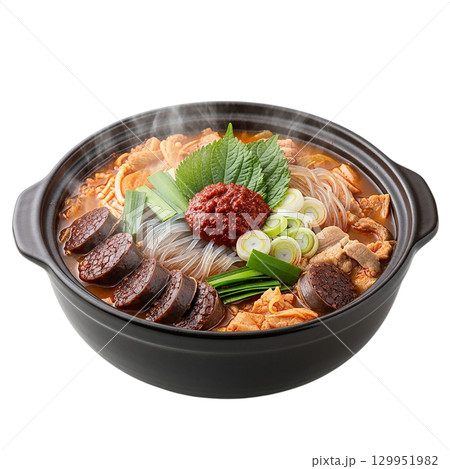 Traditional Korean Sundae Jeongol, Spicy Blood Sausage Stew, with Glass Noodles and Fresh Vegetables in Black Pot Traditional Korean Sundae Jeongol, Spicy Blood Sausage Stew, with Glass Noodles and Fresh Vegetables in Black Pot 129951982
