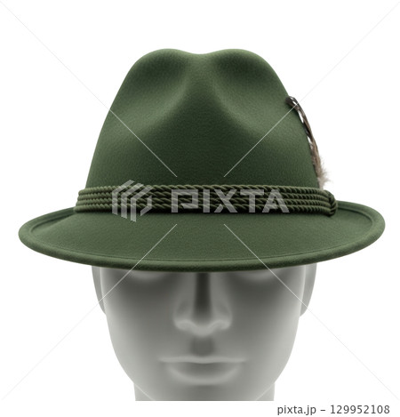 Green traditional tyrolean hunting hat with a feather on a grey mannequin head for fashion 129952108