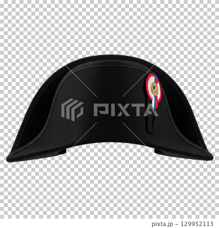 Historical black bicorne hat of Napoleon Bonaparte with an iconic tricolor cockade insignia Historical black bicorne hat of Napoleon Bonaparte with an iconic tricolor cockade insignia 129952113