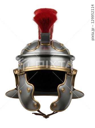 Roman centurion helmet with red crest a historical military headwear and ancient armor piece 129952114