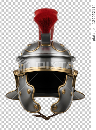 Roman centurion helmet with red crest a historical military headwear and ancient armor piece 129952114