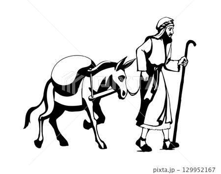 Vector drawing. Donkey loaded with cargo 129952167