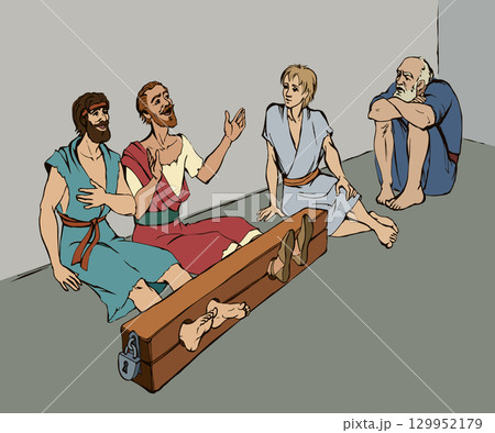 Paul and Silas in prison. Vector drawing 129952179
