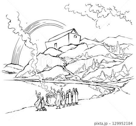 Vector drawing. Noah Offers a Sacrifice to God 129952184