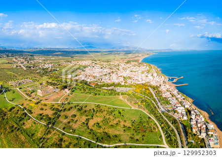 Selinunte ancient greek city aerial panoramic view, Sicily Selinunte ancient greek city aerial panoramic view, Sicily 129952303