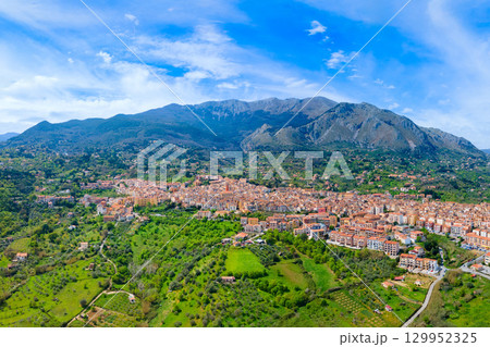 Castelbuono city aerial panoramic view in Sicily, Italy. 129952325