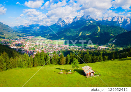 Garmisch-partenkirchen town aerial panoramic view, Germany 129952412