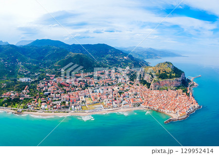 Cefalu city beach aerial panoramic view in Sicily Cefalu city beach aerial panoramic view in Sicily 129952414