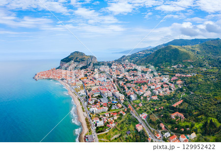 Cefalu city beach aerial panoramic view in Sicily 129952422
