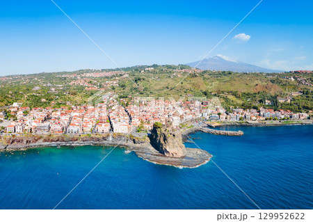 Aci Castello town aerial panoramic view, Sicily 129952622