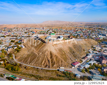 Kalai Mug Tepe Fort aerial panoramic view, Tajikistan 129952624