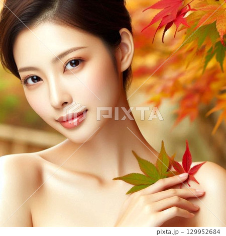 紅葉と若い女性 129952684