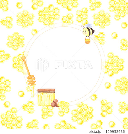 Golden honey comb with honey jar propolis and a bee frame border, hand drawn watercolor illustration isolated on white background. Can be used for cards, invitation and other printed products. 129952686