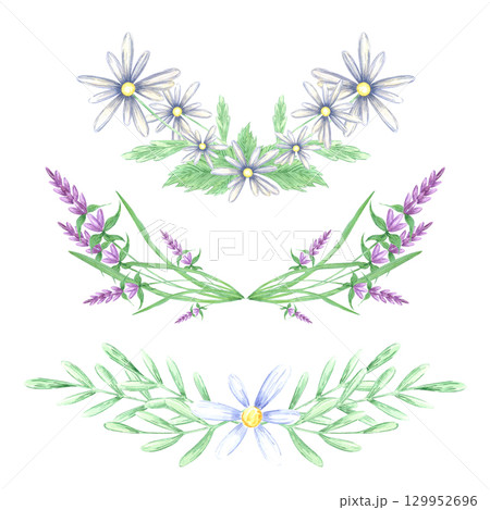 Blue marigolds leaves and lavender flowers composition, hand drawn watercolor illustration isolated on white background. Can be used for cards, textile and other printed products. 129952696