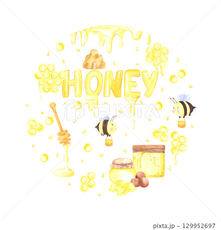 Golden honey comb jars bees round label, hand drawn watercolor illustration isolated on white background. Can be used for cards, stickers and other printed products. 129952697