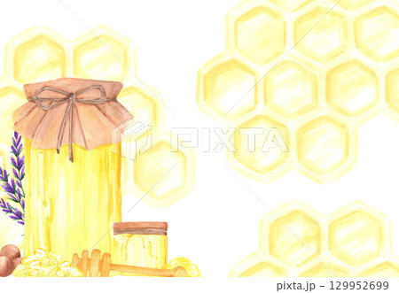 Golden honey comb with honey jar and lavender frame border, hand drawn watercolor cell illustration isolated on white background. Can be used for cards, invitation and other printed products. 129952699
