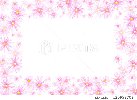 Pink marigold flowers frame border, hand drawn watercolor illustration isolated on white background. Can be used for cards, invitation and other printed products. 129952702
