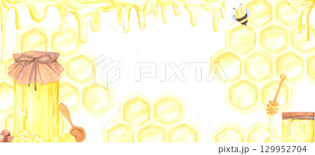 Golden honey comb with honey jar and bee banner frame border, hand drawn watercolor illustration isolated on white background. Can be used for banner, invitation and other printed products. 129952704