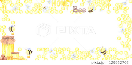 Golden honey comb with honey jar and bees banner frame border, hand drawn watercolor illustration isolated on white background. Can be used for cards, invitation and other printed products. 129952705