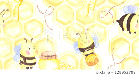 Golden honey comb jars bee seamless frame border, hand drawn watercolor illustration isolated on white background. Can be used for cards, textile tape and other printed products. Golden honey comb jars bee seamless frame border, hand drawn watercolor illustration isolated on white background. Can be used for cards, textile tape and other printed products. 129952708