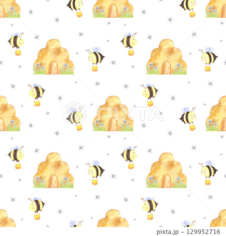 Golden honey bees hive and blue marigolds seamless pattern, hand drawn watercolor illustration isolated on white background. Can be used for wrapping, textile and other printed products. 129952716