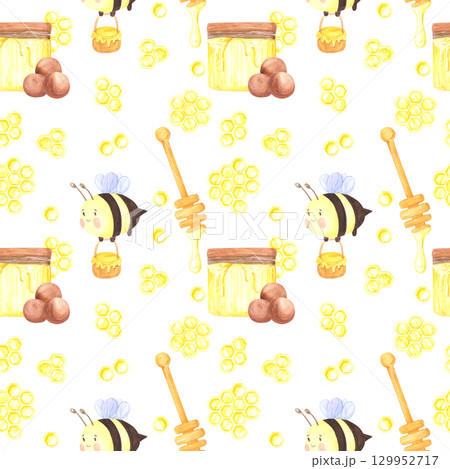 Golden honey comb jars bee seamless pattern, hand drawn watercolor illustration isolated on white background. Can be used for wrapping, textile scrapbook and other printed products. 129952717