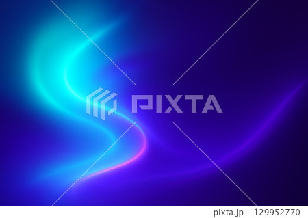 Neon blue and purple wave-like curve resembling an aurora across a dark background 129952770