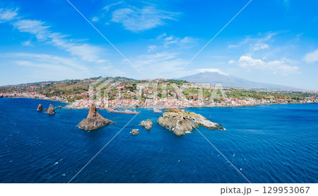 Cyclopean Isles aerial panoramic view in Aci Trezza 129953067