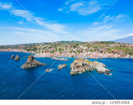 Cyclopean Isles aerial panoramic view in Aci Trezza 129953068