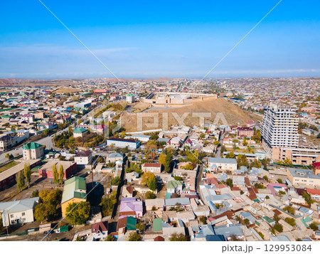 Kalai Mug Tepe Fort aerial panoramic view, Tajikistan 129953084