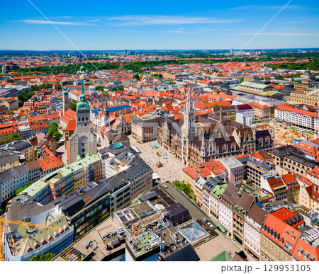Marienplatz aerial panoramic view in Munich city, Germany 129953105