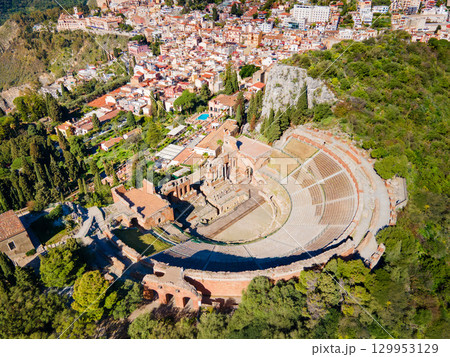 The Ancient Theatre of Taormina aerial panoramic view, Sicily 129953129