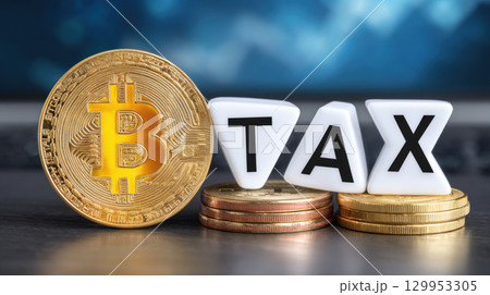 Bitcoin coin and tax letters on stacked coins concept of cryptocurrency taxation and financial regulation in digital currency market 129953305