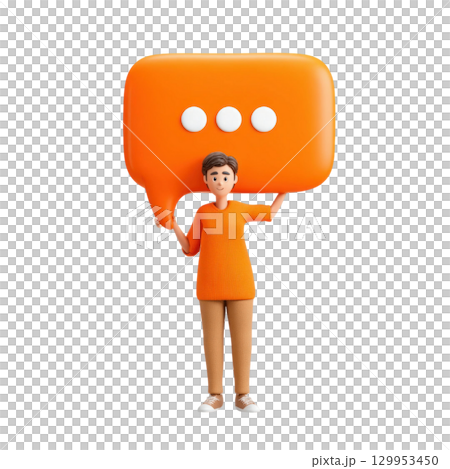 Young man holding large orange speech bubble with three white dots, symbolizing communication and messaging in cheerful style 129953450