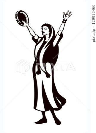 Dancing woman with a tambourine. Vector drawing 129953460