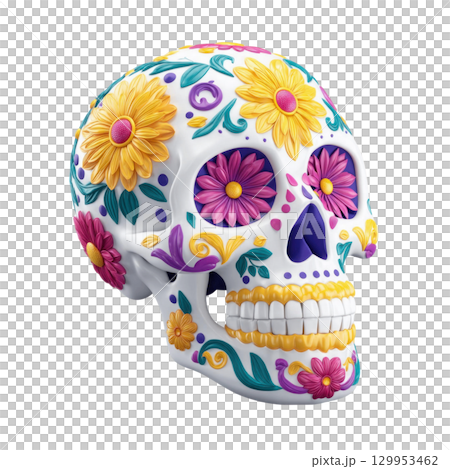 Colorful decorated skull with floral patterns and vibrant petals, symbolizing festive celebration and artistic expression 129953462