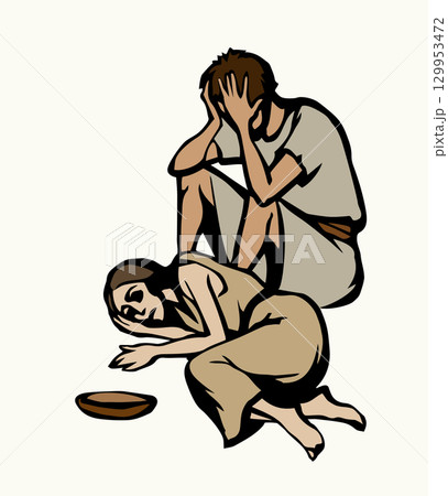 People suffering from hunger. Vector drawing 129953472