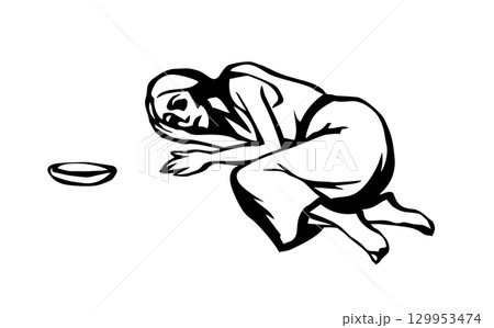 Girl suffering from hunger. Vector drawing 129953474