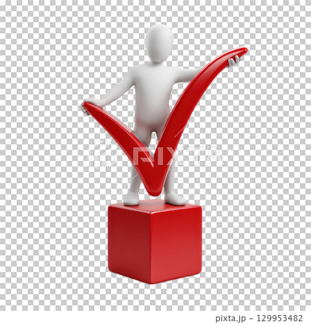 White 3d person holding red check mark standing on red cube, symbol of success and approval, positive concept 129953482