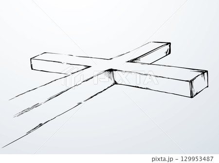 Wooden cross on sky background. Vector drawing Wooden cross on sky background. Vector drawing 129953487