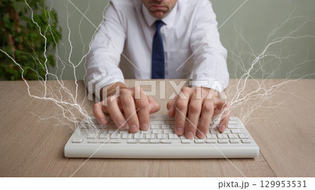 Typing hands on keyboard with electric lightning effect, business man working intensely on computer with focus and energy 129953531