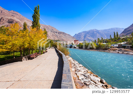 Ghunt river in Khorog city and Pamir mountains, Tajikistan 129953577